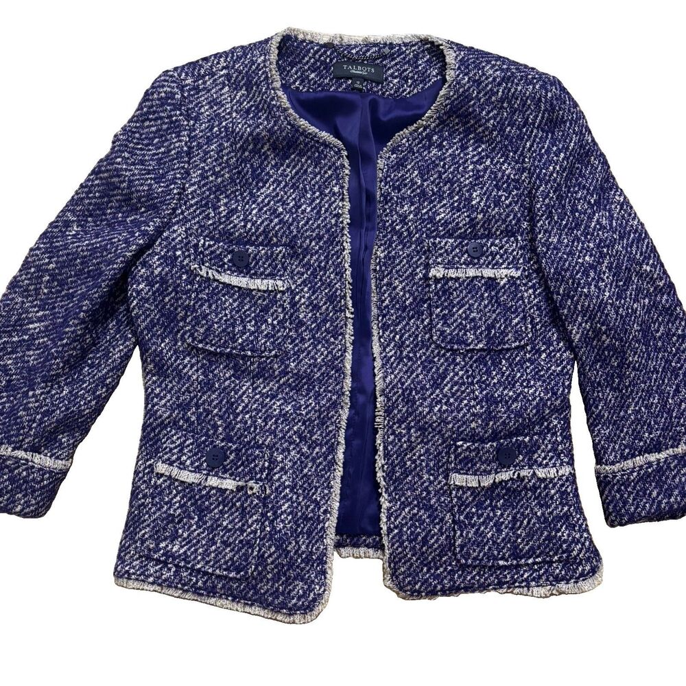 Talbots Tweed Blazer Sz 12 Purple Wool Mohair Alpaca Blend Open Front Jacket
